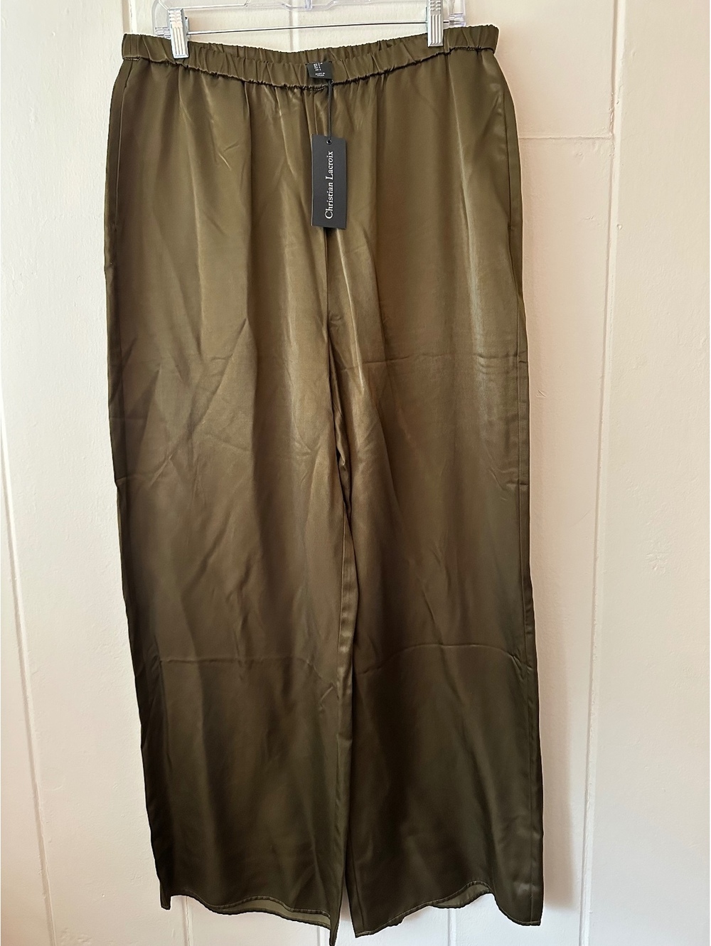 NWT Christian Lacroix Wide Leg Pants Olive Green Hi Rise Satin Trouser Sz Large
